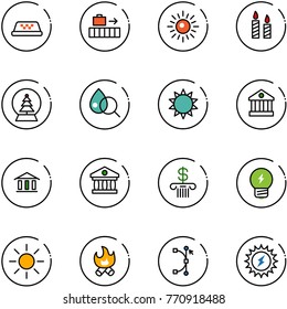 line vector icon set - taxi vector, baggage, sun, candle, snowball tree, blood test, bank, idea, fire, bezier, power