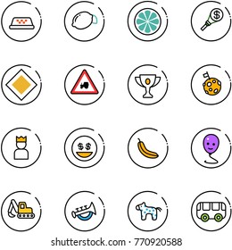 line vector icon set - taxi vector, lemon, slice, money torch, main road sign, tractor way, gold cup, moon flag, king, smile, banana, balloon, excavator toy, horn, horse, bus