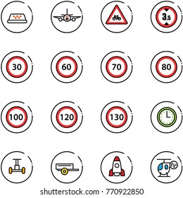 line vector icon set - taxi vector, plane, road for moto sign, limited height, speed limit 30, 60, 70, 80, 100, 120, 130, time, gyroscope, trailer, rocket, helicopter toy