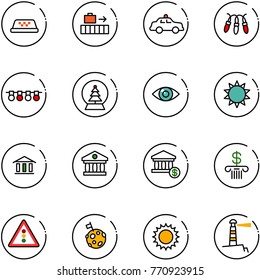line vector icon set - taxi vector, baggage, safety car, garland, snowball tree, eye, sun, bank, account, traffic light road sign, moon flag, lighthouse