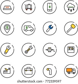 line vector icon set - taxi vector, baggage, mobile payment, money rain, dollar pin, encashment car, wrench, rubber hammer, jack, tool box, stapler, allen key, truck toy