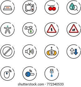 line vector icon set - taxi vector, tv, rowanberry, blood test, gymnastics, encashment, intersection road sign, railway, no limit, volume max, dollar growth, up down arrows, mouse wireless, key