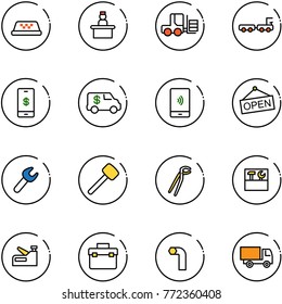 line vector icon set - taxi vector, recieptionist, fork loader, baggage truck, mobile payment, encashment car, open, wrench, rubber hammer, plumber, tool box, stapler, allen key, toy