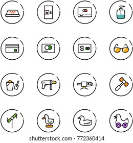 line vector icon set - taxi vector, coffee machine, credit card, liquid soap, sunglasses, bucket scoop, drill, pipe welding, toy hammer, windmill, duck