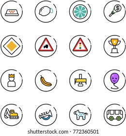 line vector icon set - taxi vector, lemon, slice, money torch, main road sign, tractor way, traffic light, win cup, king, banana, milling cutter, balloon smile, excavator toy, horn, horse, bus