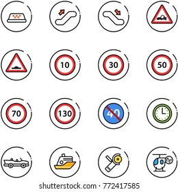 line vector icon set - taxi vector, escalator up, down, car crash road sign, artificial unevenness, speed limit 10, 30, 50, 70, 130, end minimal, time, cabrio, cruiser, Angular grinder