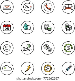 line vector icon set - taxi vector, 24 hours, phone, vip waiting area, 25 dec calendar, blood test, coin, dollar exchange, investment, gears, reload, cloud, growth, dart