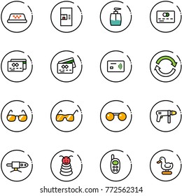 line vector icon set - taxi vector, coffee machine, liquid soap, credit card, tap pay, refresh, sunglasses, drill, pipe welding, pyramid toy, phone, duck