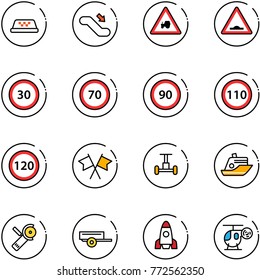 line vector icon set - taxi vector, escalator down, tractor way road sign, artificial unevenness, speed limit 30, 70, 90, 110, 120, flags cross, gyroscope, cruiser, Angular grinder, trailer, rocket