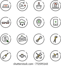 line vector icon set - taxi vector, 24 hours, recieptionist, officer window, baggage truck, money rain, dollar pin, mobile payment, click, open, wrench, plumber, screwdriver, jack, stapler