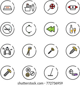 line vector icon set - taxi vector, passport control, lollipop, candy, no smoking sign, cent, fast backward, wine, robot, plumber, screw, rivet, rake, constructor blocks