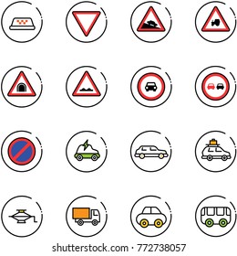 line vector icon set - taxi vector, giving way road sign, steep descent, tractor, tunnel, rough, no car, overtake, parking, electric, limousine, baggage, jack, truck toy, bus