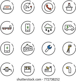 line vector icon set - taxi vector, 24 hours, phone, recieptionist, baggage truck, mobile payment, money rain, encashment car, open, wrench, plumber, jack, tool box, stapler, allen key