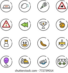 line vector icon set - taxi vector, lemon, money torch, tractor way road sign, traffic light, fast backward, gold cup, moon flag, king, smile, banana, milling cutter, balloon, excavator toy, horn