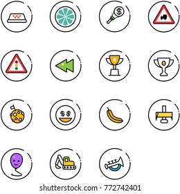line vector icon set - taxi vector, lemon slice, money torch, tractor way road sign, traffic light, fast backward, win cup, gold, moon flag, smile, banana, milling cutter, balloon, excavator toy
