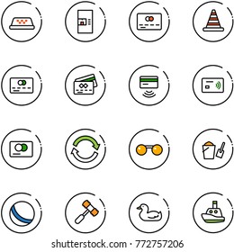 line vector icon set - taxi vector, coffee machine, credit card, road cone, tap pay, refresh, sunglasses, bucket scoop, ball, toy hammer, duck, boat