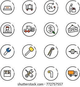 line vector icon set - taxi vector, baggage, 24 hours, baby room, officer window, fork loader, money click, open, wrench, rubber hammer, plumber, jack, tool box, screwdriver, allen key, truck toy