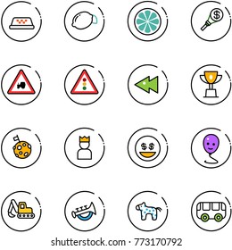 line vector icon set - taxi vector, lemon, slice, money torch, tractor way road sign, traffic light, fast backward, win cup, moon flag, king, smile, balloon, excavator toy, horn, horse, bus