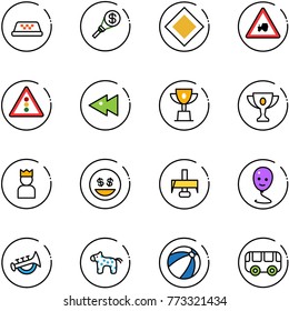 line vector icon set - taxi vector, money torch, main road sign, tractor way, traffic light, fast backward, win cup, gold, king, smile, milling cutter, balloon, horn toy, horse, beach ball, bus