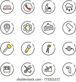 line vector icon set - taxi vector, phone, baby room, money rain, dollar pin, gear globe, open, fretsaw, rubber hammer, wrench, plumber, jack, tool box, screwdriver, stapler, allen key