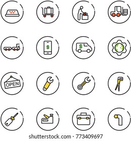 line vector icon set - taxi vector, baggage, baby room, fork loader, truck, mobile payment, encashment car, gear globe, open, wrench, plumber, screwdriver, stapler, tool box, allen key