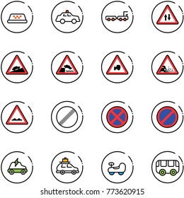 line vector icon set - taxi vector, safety car, baggage truck, oncoming traffic road sign, climb, embankment, tractor way, gravel, rough, no limit, stop, parking, electric, baby, toy bus
