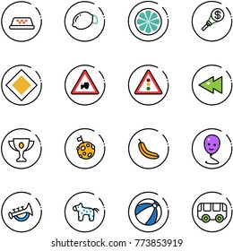 line vector icon set - taxi vector, lemon, slice, money torch, main road sign, tractor way, traffic light, fast backward, gold cup, moon flag, banana, balloon smile, horn toy, horse, beach ball, bus