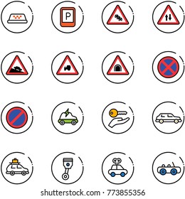 line vector icon set - taxi vector, parking sign, multi lane traffic road, oncoming, steep descent, tractor way, tunnel, no stop, electric car, key hand, limousine, baggage, piston, toy