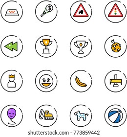 line vector icon set - taxi vector, money torch, tractor way road sign, traffic light, fast backward, win cup, gold, moon flag, king, smile, banana, milling cutter, balloon, excavator toy, horse