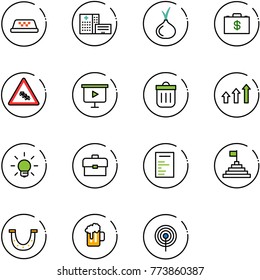 line vector icon set - taxi vector, hospital building, onion, money case, multi lane traffic road sign, presentation board, trash bin, arrows up, bulb, portfolio, document, pyramid flag, luck, beer
