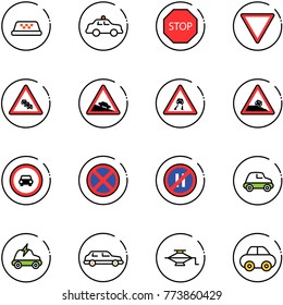 line vector icon set - taxi vector, safety car, stop road sign, giving way, multi lane traffic, steep descent, slippery, roadside, no, parking even, electric, limousine, jack