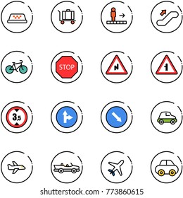 line vector icon set - taxi vector, baggage, travolator, escalator up, bike, stop road sign, abrupt turn right, intersection, limited height, only forward, detour, car, plane, cabrio