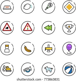 line vector icon set - taxi vector, lemon, money torch, main road sign, tractor way, traffic light, fast backward, gold cup, king, banana, milling cutter, balloon smile, excavator toy, horn, horse