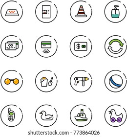 line vector icon set - taxi vector, coffee machine, road cone, liquid soap, credit card, tap pay, refresh, sunglasses, bucket scoop, drill, ball, phone toy, duck, boat