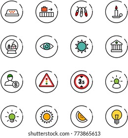 line vector icon set - taxi vector, baggage, garland, candle, snowball house, eye, sun, bank, account, traffic light road sign, limited height, idea, bulb, watermelone