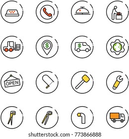 line vector icon set - taxi vector, phone, client bell, baby room, fork loader, dollar pin, encashment car, gear globe, open, fretsaw, rubber hammer, wrench, plumber, allen key, truck toy