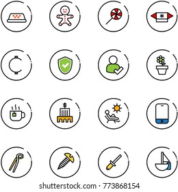 line vector icon set - taxi vector, cake man, lollipop, candy, cent, shield check, user, flower pot, hot tea, bank building, beach, mobile phone, plumber, screw, clinch, sailboat toy