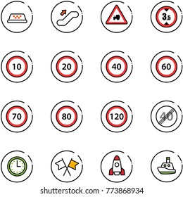 line vector icon set - taxi vector, escalator up, tractor way road sign, limited height, speed limit 10, 20, 40, 60, 70, 80, 120, end, time, flags cross, rocket, toy boat
