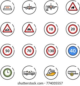 line vector icon set - taxi vector, plane, boarding passengers, tractor way road sign, car crash, for moto, speed limit 10, 20, 50, 70, 130, minimal, time, cabrio, cruiser, trailer