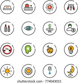 line vector icon set - taxi vector, baggage, sun, garland, candle, eye, bank, account, limited distance road sign, head bulb, moon flag, business idea, laser, lamp