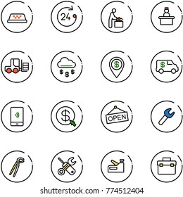 line vector icon set - taxi vector, 24 hours, baby room, recieptionist, fork loader, money rain, dollar pin, encashment car, mobile payment, click, open, wrench, plumber, screwdriver, stapler