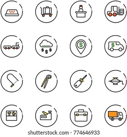 line vector icon set - taxi vector, baggage, recieptionist, fork loader, truck, money rain, dollar pin, encashment car, fretsaw, plumber, screwdriver, jack, tool box, stapler, toy