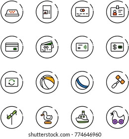 line vector icon set - taxi vector, coffee machine, credit card, identity, tap pay, exchange, ball, toy hammer, windmill, duck, boat
