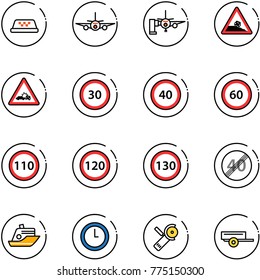 line vector icon set - taxi vector, plane, boarding passengers, steep roadside road sign, car crash, speed limit 30, 40, 60, 110, 120, 130, end, cruiser, clock, Angular grinder, trailer