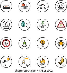 line vector icon set - taxi vector, baggage, safety car, snowball house, tree, blood test, bank, traffic light road sign, limited height, idea, business, sun, beach, lighthouse, fire, moon lamp