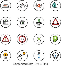 line vector icon set - taxi vector, safety car, sun, blood test, bank, drawbridge road sign, traffic light, limited height, idea, head bulb, business, beach, laser, power