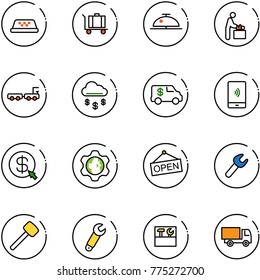 line vector icon set - taxi vector, baggage, client bell, baby room, truck, money rain, encashment car, mobile payment, click, gear globe, open, wrench, rubber hammer, tool box, toy