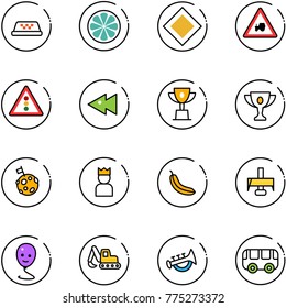 line vector icon set - taxi vector, lemon slice, main road sign, tractor way, traffic light, fast backward, win cup, gold, moon flag, king, banana, milling cutter, balloon smile, excavator toy, horn