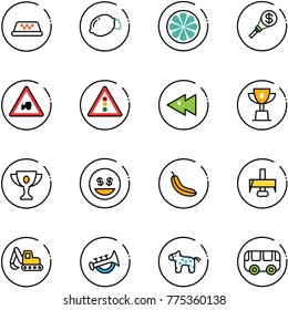 line vector icon set - taxi vector, lemon, slice, money torch, tractor way road sign, traffic light, fast backward, win cup, gold, smile, banana, milling cutter, excavator toy, horn, horse, bus