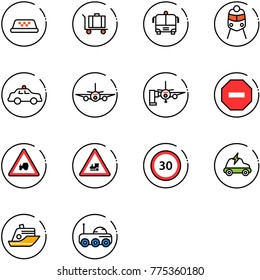 line vector icon set - taxi vector, baggage, airport bus, train, safety car, plane, boarding passengers, no way road sign, tractor, railway intersection, speed limit 30, electric, cruiser